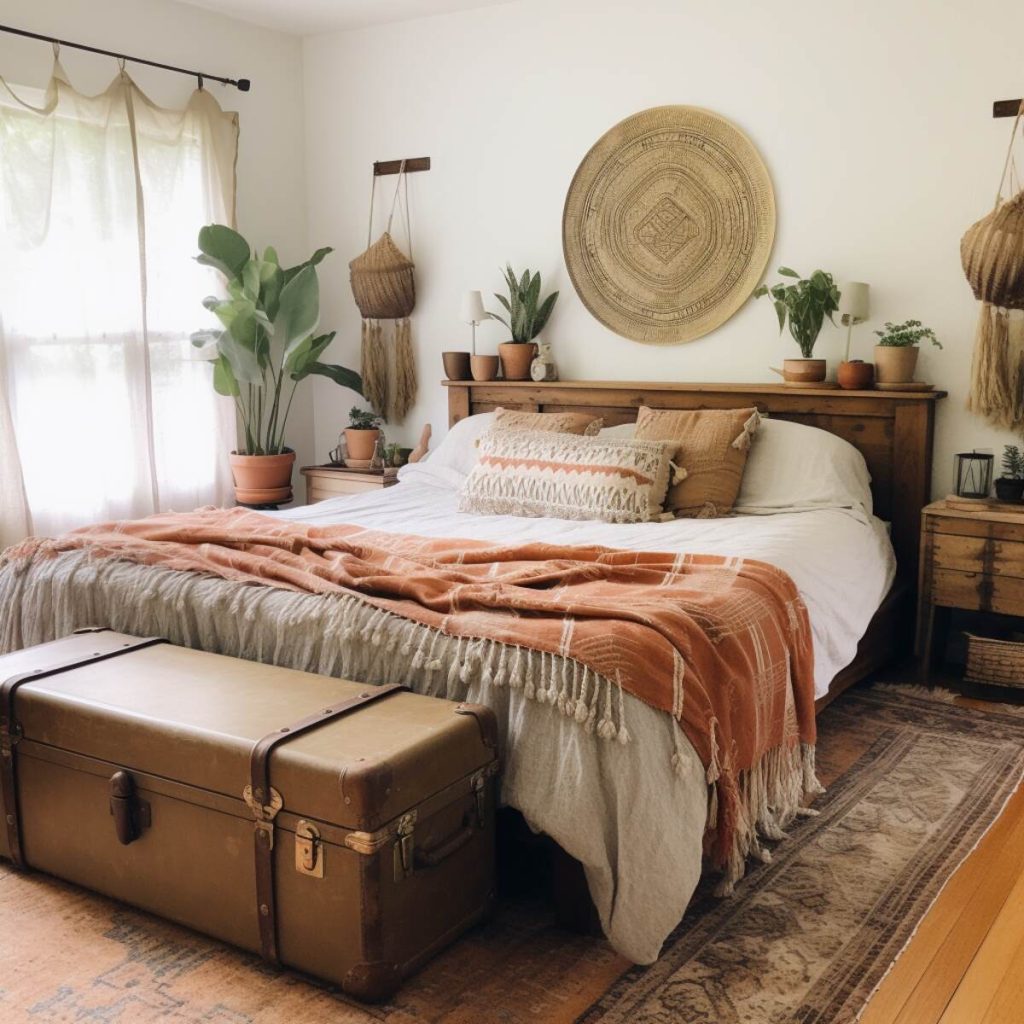 a farmhouse bedroom with white linens, earth-colored pillows with playful tassels and an orange throw, and an antique suitcase