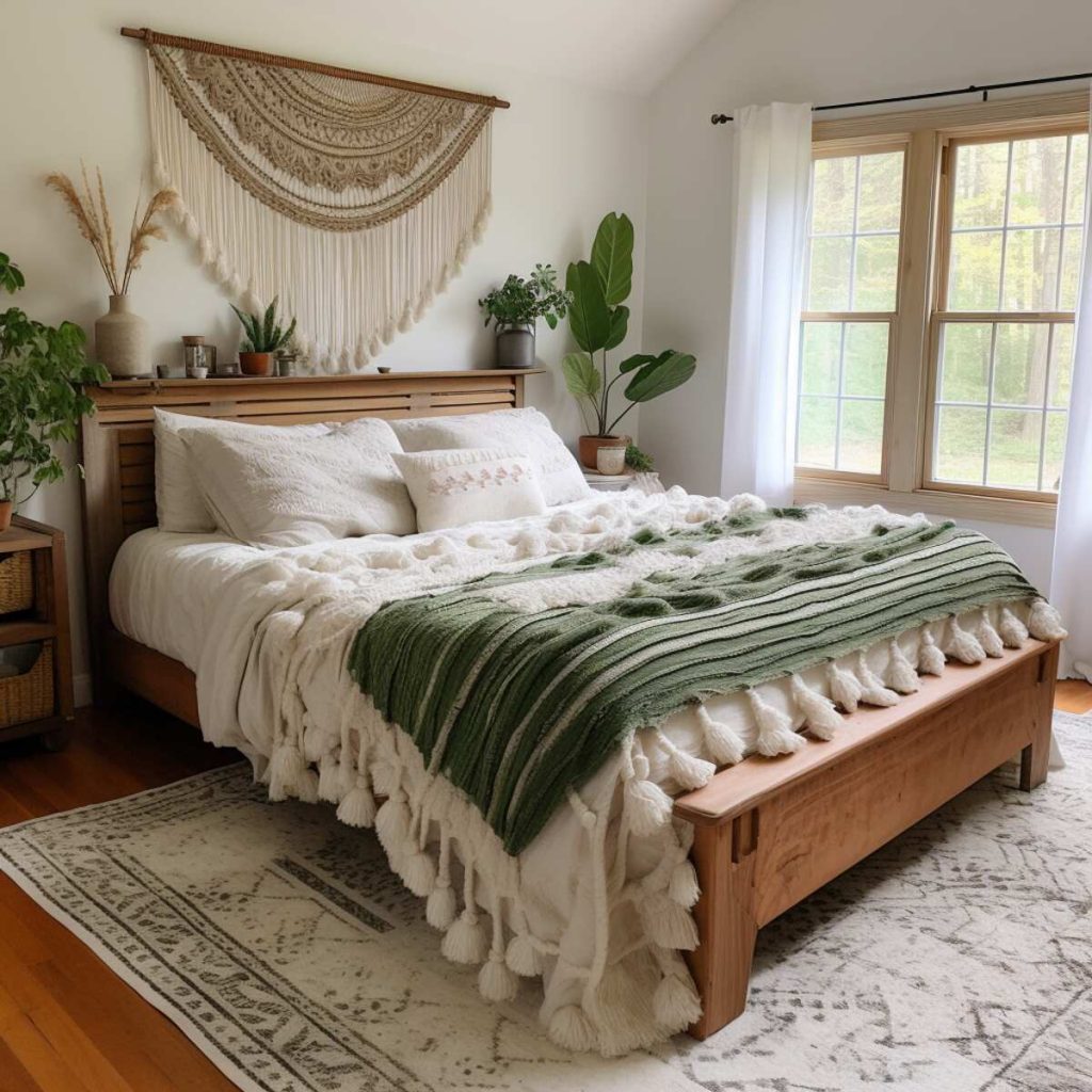 A farmhouse bedroom with a large rug and a macrame wall hanging anchors the space, as well as an array of green plants