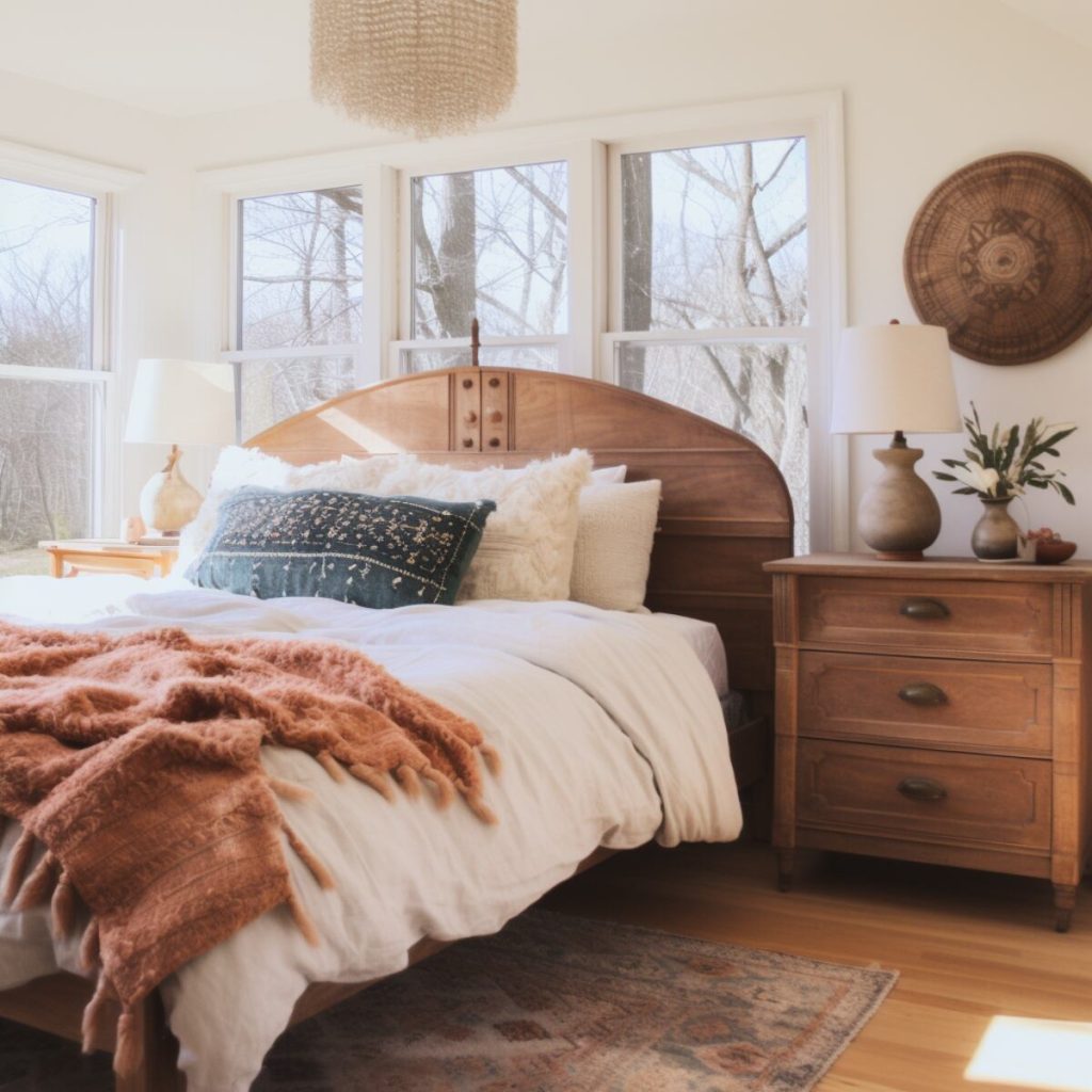 a farmhouse bedroom with a polished wood bed, a gracefully curved headboard and a cozy white pillow