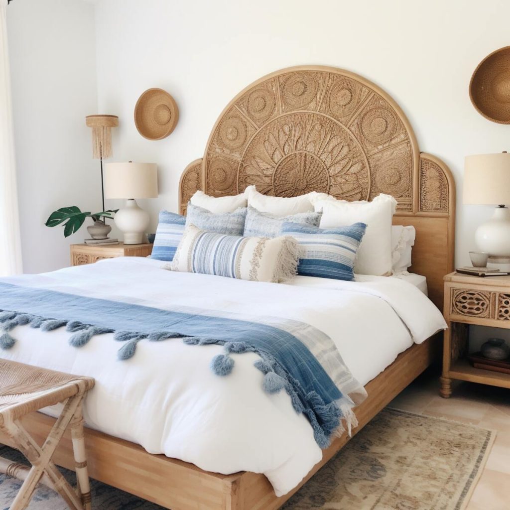 A boho, country-style bedroom with a woven headboard bed frame complemented by blue and white textiles that mimic the hues of the ocean