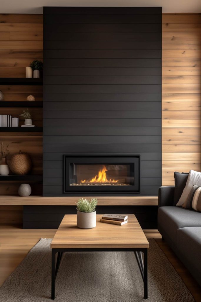 a living area with wooden walls and a black fireplace with a wood-burning hearth