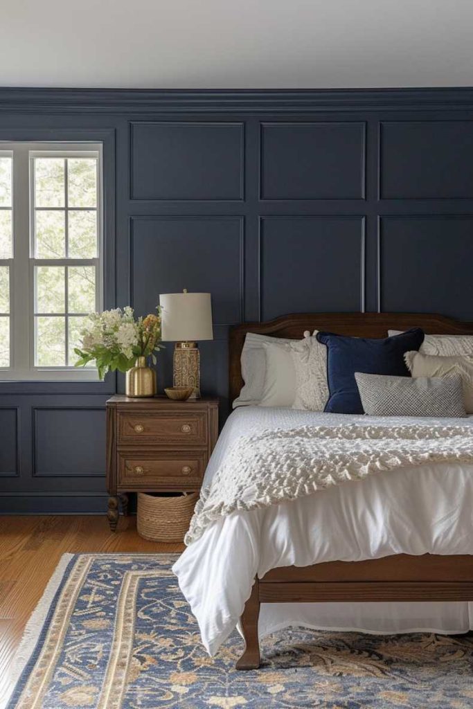 The navy blue paneling of this luxurious bedroom commands attention and provides a striking backdrop that complements rich wooden furnishings.