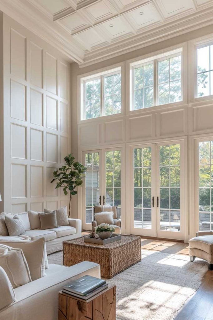 Grand living rooms with high ceilings can take style to a new level with floor-to-ceiling paneling.