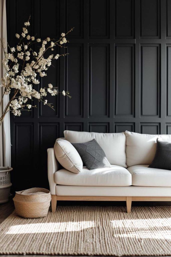 The way black walls with smooth, uniform paneling effortlessly exude contemporary charm is simply mesmerizing.