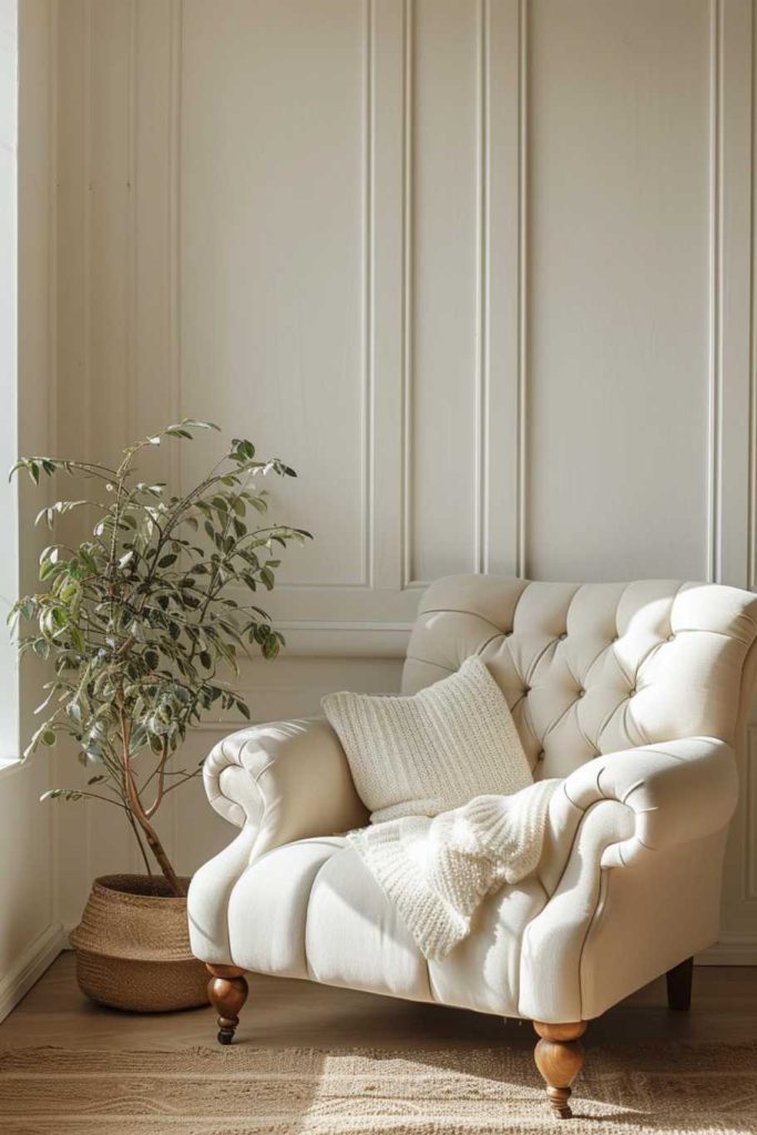 Cream ivory walls with a mix of narrow and wide wainscoting panels give this warm, inviting living room a dynamic presence.