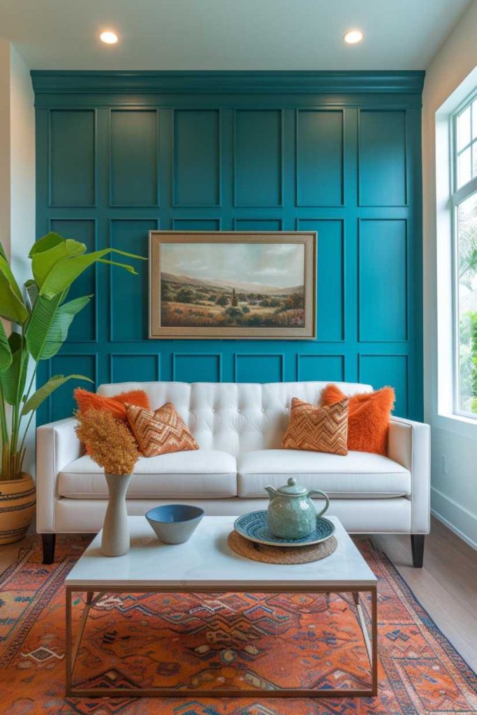 Even-panel wainscoting and ornate moldings transform a teal wall into a vibrant canvas in this lively space.