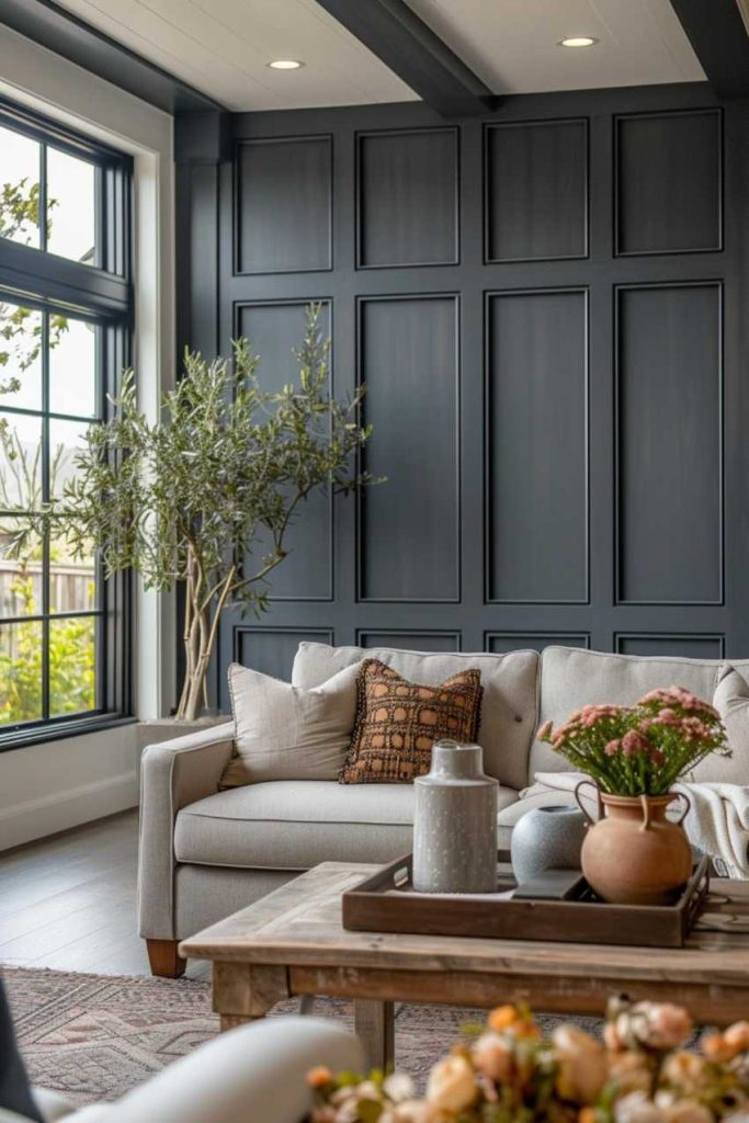 With a choice of fitted panels in different sizes, these slate gray walls add a modern touch to the room and showcase clean, sleek lines.