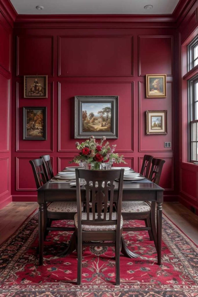 To create a regal dining room, match the paneling on your walls to frame classic oil paintings in gold frames.