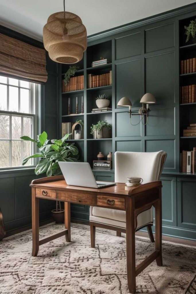 Do you think a nature-inspired study or reading nook always has to look rustic or dated? This room proves the opposite: Deep green walls and flat paneling create a sense of depth and richness.