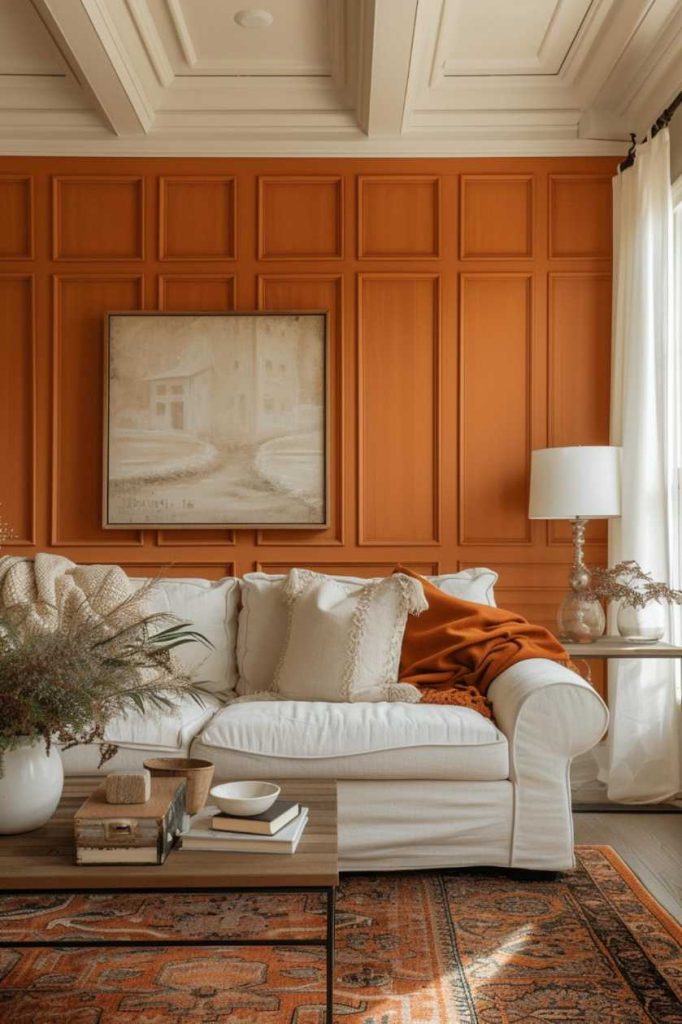 The Mediterranean flair of this living room is emphasized by paneling on light terracotta walls.