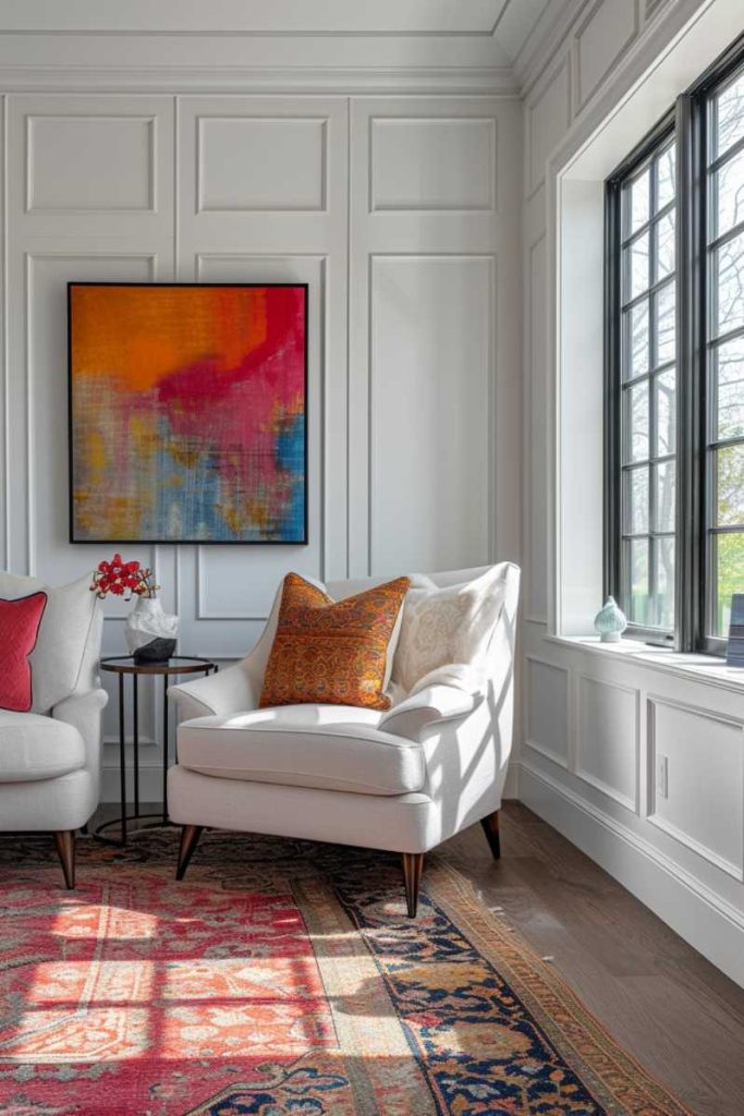 Crisp white walls look clean and attractive on their own, but paneling enhances their elegance with a touch of finesse.