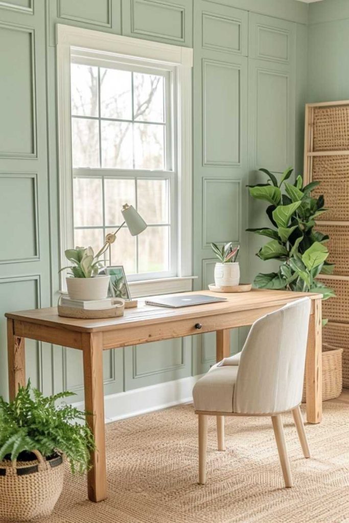 Set around a white window, the pastel mint paneled walls of this home office exude freshness and serenity.