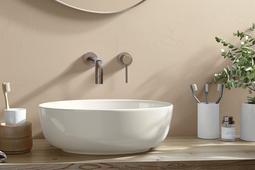 realistic image of a sink in the bathroom, walls painted in PPG Toasted Almond color, a white sink, toiletries in an organizer, a plant pot