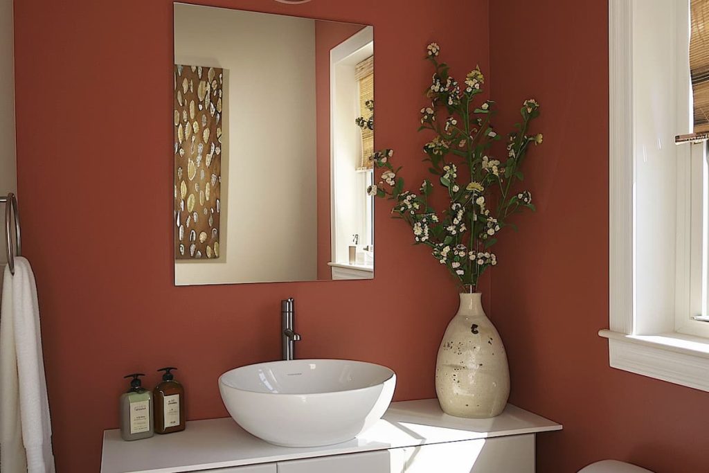 Realistic image of a powder room with a white sink, large wall mirror and walls in Audubon Russet HC-51 color