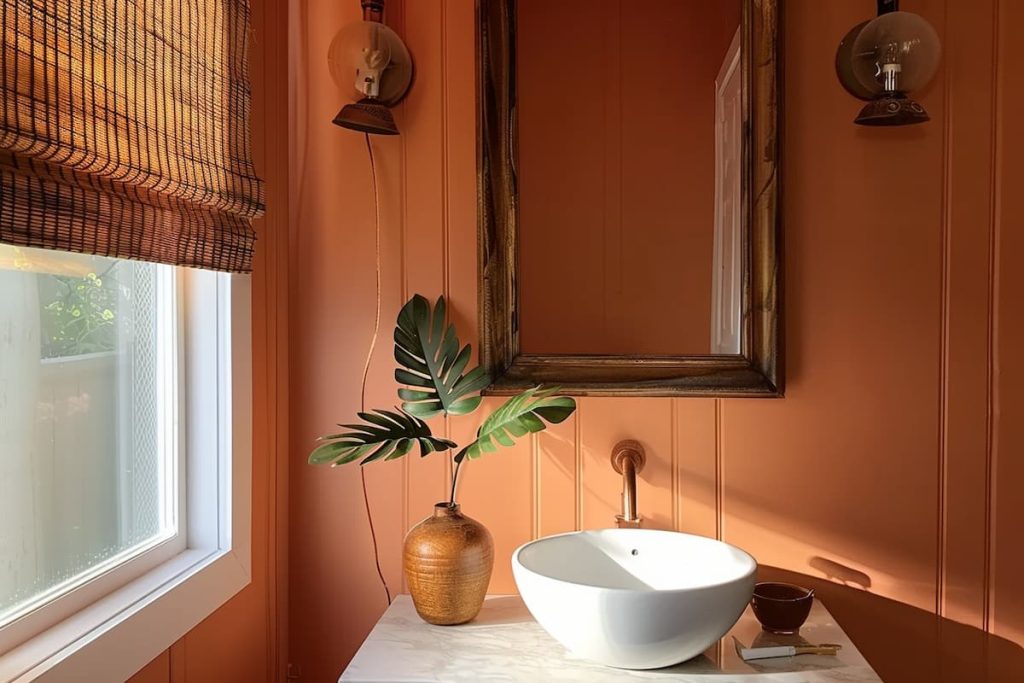 a realistic image of a bathroom sink near the window, walls painted with Benjamin Moore Baked Clay paint, and summer-inspired designs