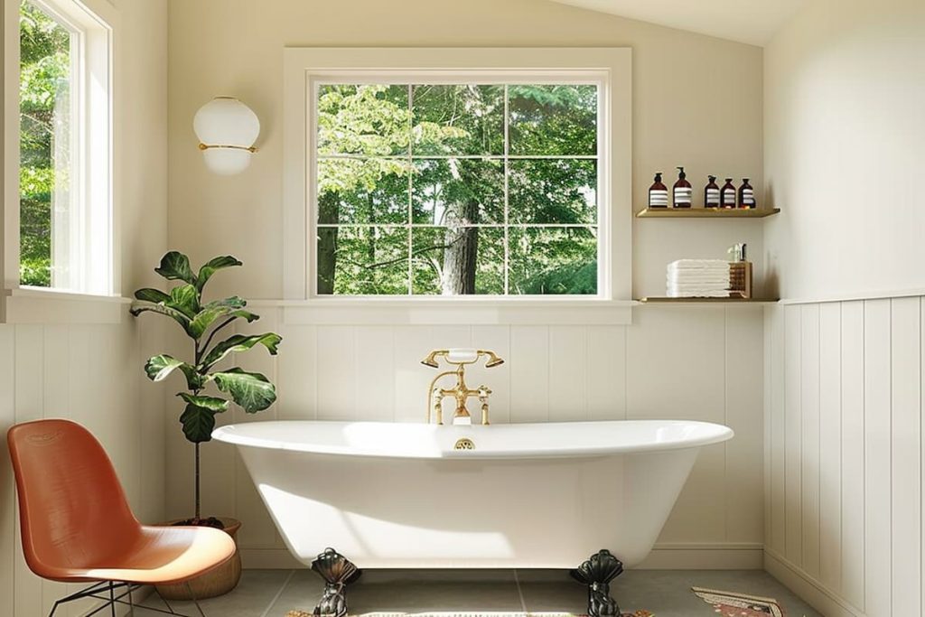 Realistic image of a country style bathroom highlighting the bathtub with window next to it, a white bathtub, bathroom accessories on shelves, a potted plant next to the bathtub, walls painted in ivory white