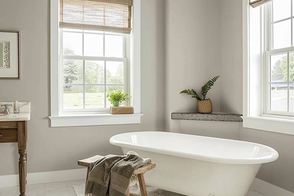 A bathtub corner in the toilet with a large white bathtub, a window and a wooden chair. The walls are painted natural gray