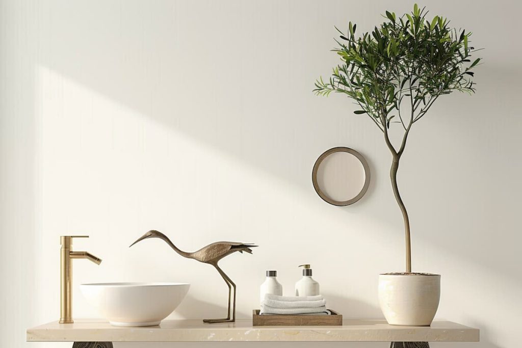 a realistic image of a powder room with a sink, a wall mirror for the face, a large potted plant next to it, toiletries and tissue paper on the shelves. The walls are painted Moonlight White 2143-60