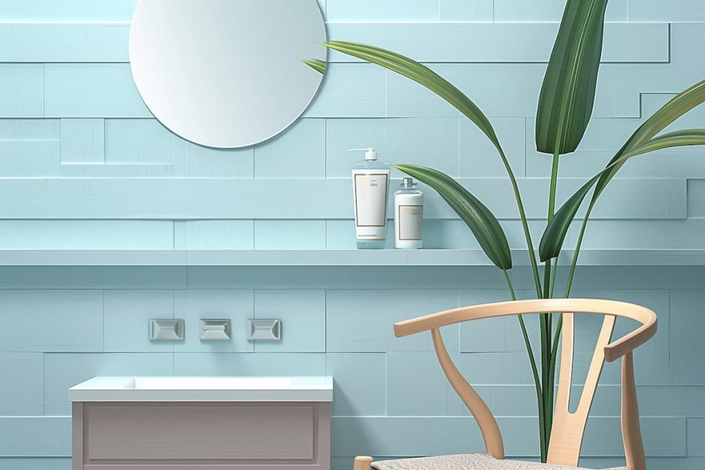 a realistic image of a powder room with a sink, a wall mirror for the face, a large potted plant next to it, natural light, toiletries and tissue paper on the shelves