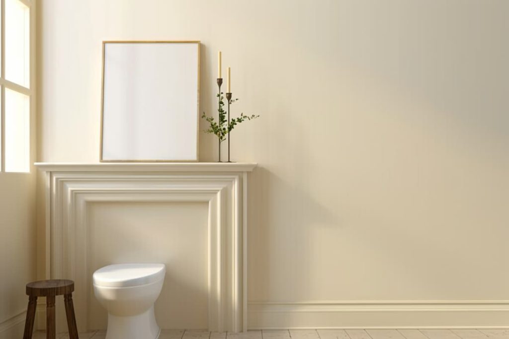 A realistic image of a bathroom with a white toilet bowl, a painting in a white frame and a window, high resolution, natural light