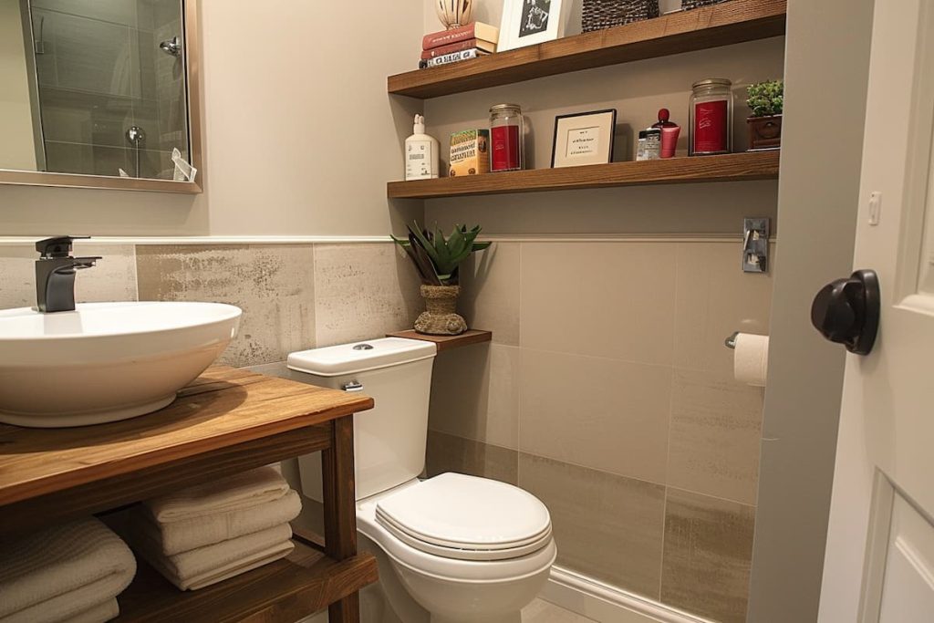 A toilet area with a white bowl, a facial mirror and a vanity with wooden shelves
