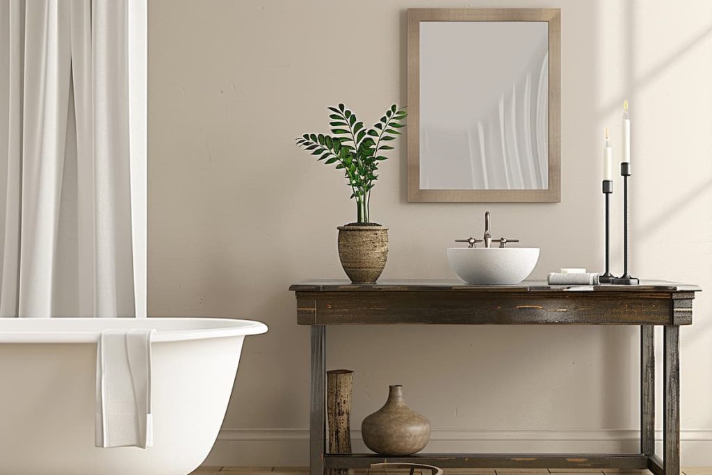 a realistic modern bathroom with toilet bowl, bathtub and sink, white curtain, houseplant in pot and natural light, high definition