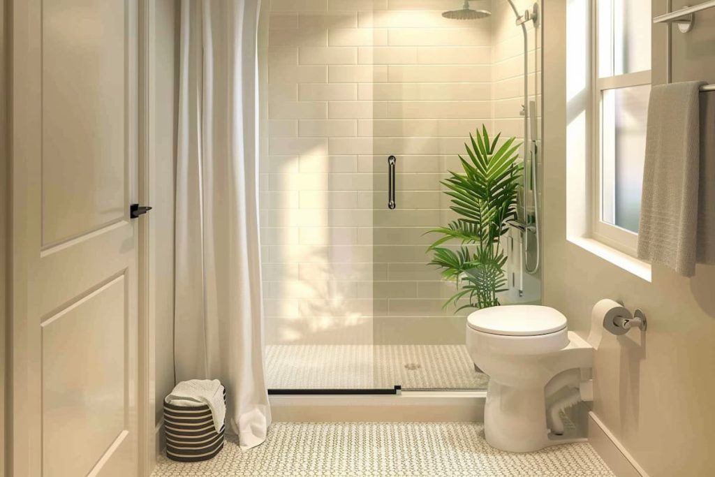 realistic picture of a modern bathroom, there is a glass shower area, a white toilet bowl and a white towel. a window with a white curtain, a potted plant, high definition