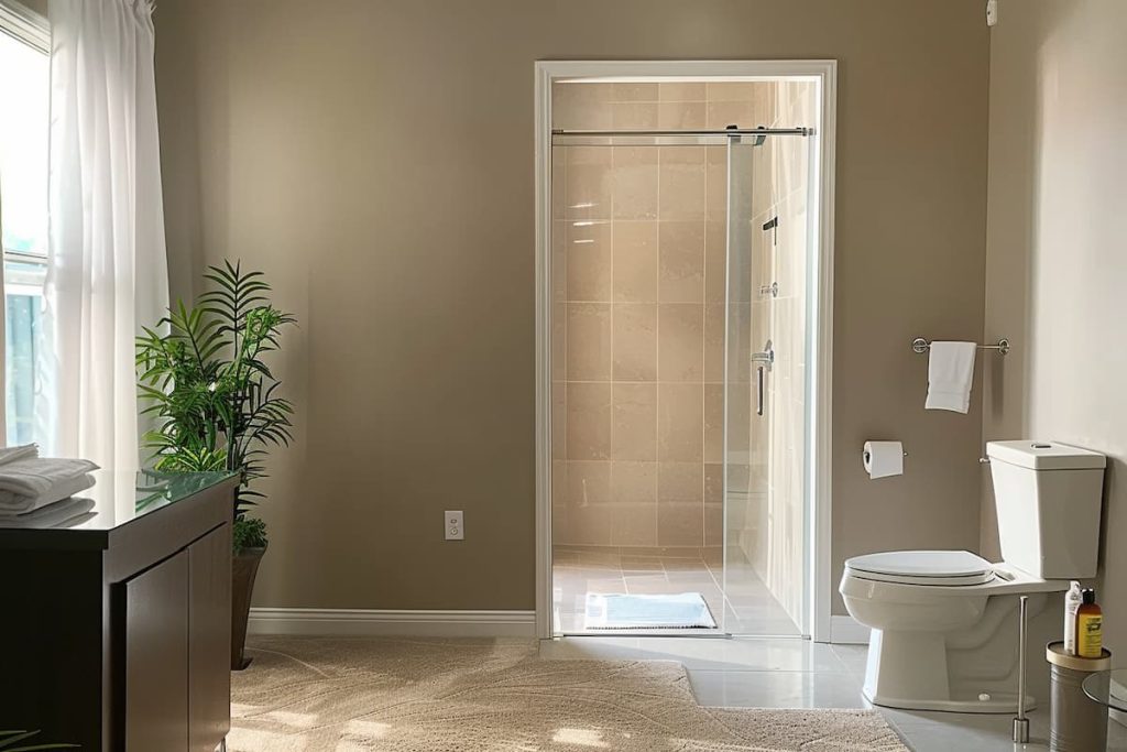 realistic picture of a modern bathroom, there is a glass shower area, a white toilet bowl and a white towel. a window with a white curtain, a potted plant, high definition