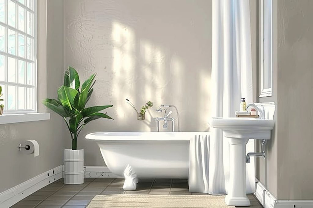 a realistic modern bathroom with toilet bowl, bathtub and sink, white curtain, houseplant in pot and natural light, high definition