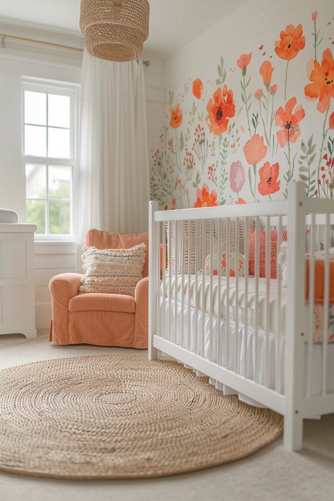 a children's room with vibrant floral wallpaper