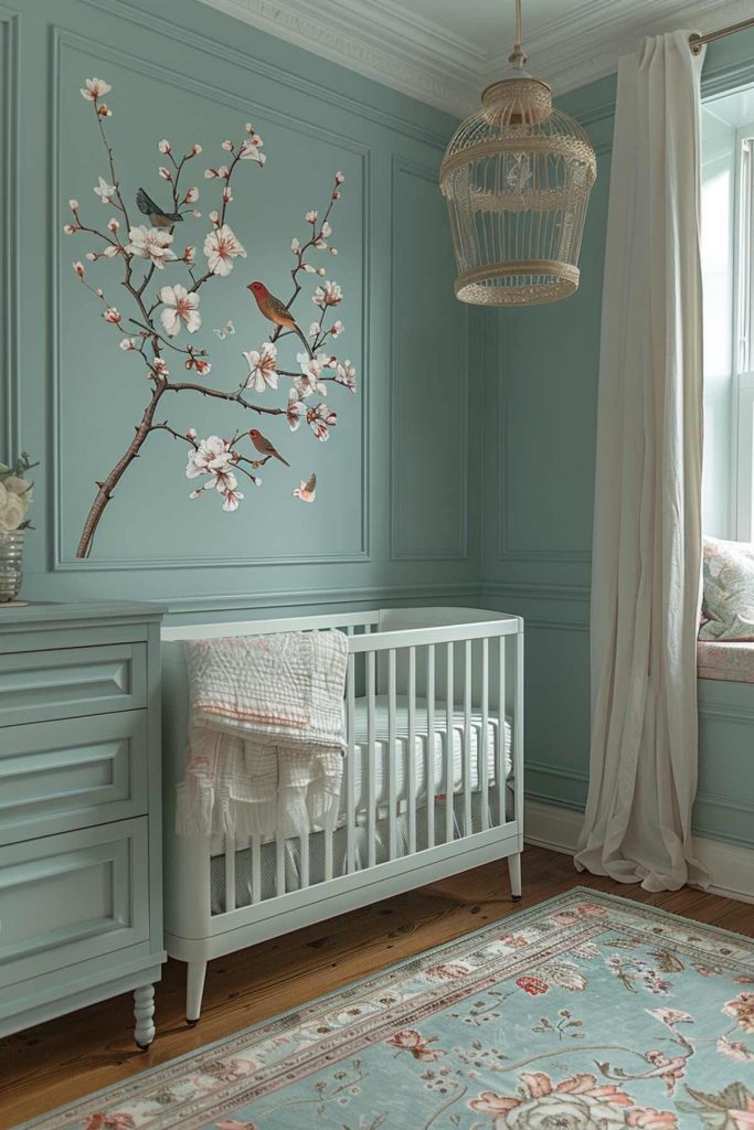 a children's room with bird motifs fluttering around the room and a delicate birdcage ceiling lamp