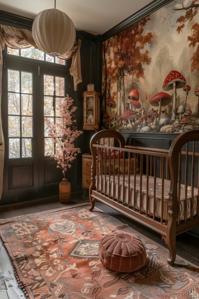 This pretty room features wallpaper enchanted with forest fauna and flora, transforming a room into a page from a fairytale.