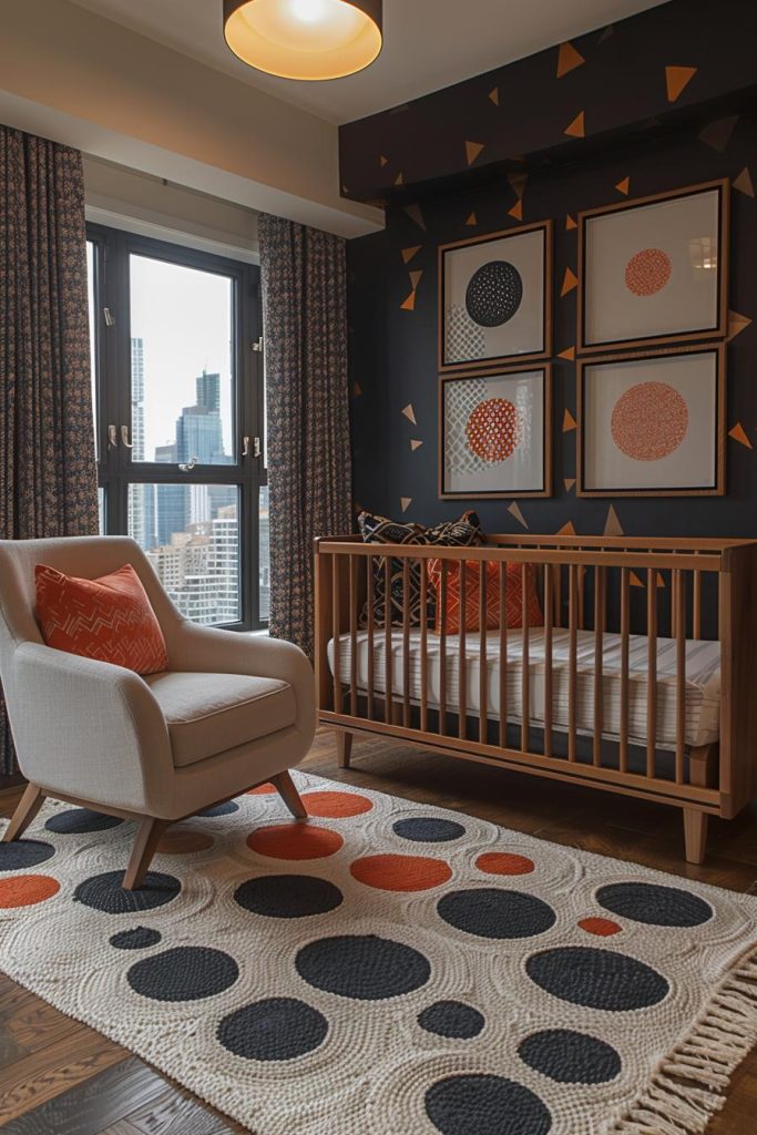 Geometric shapes and a sophisticated color palette create an elegant pattern palette in this stylish children's room.