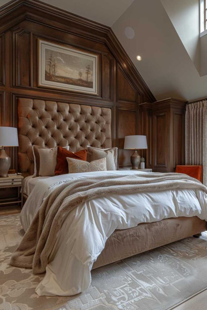 The introduction of sumptuously upholstered wall panels adorned with opulent and rich fabrics adds inviting warmth and timeless elegance to a spacious wall, seamlessly combining comfort and style.