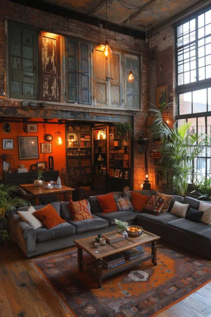 Intricately patterned ceiling boxes repurposed as captivating wall art breathe new life into a large wall and add a captivating sense of architectural interest and vintage charm to the room.