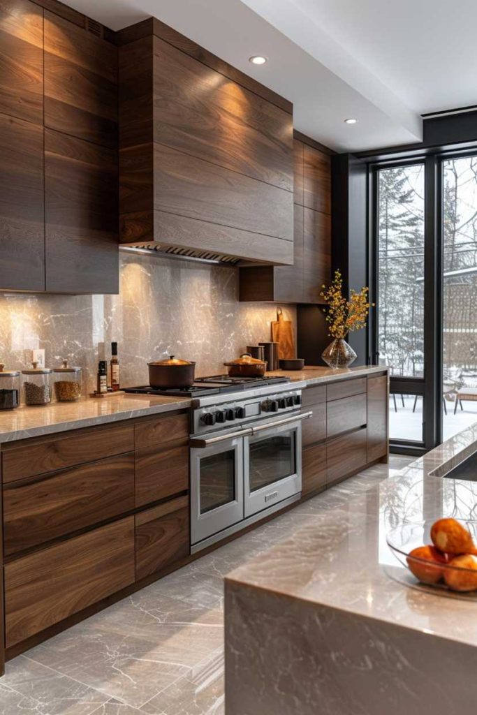 High-quality walnut cabinets pair perfectly with a marble countertop to breathe life into a biophilic modern kitchen. The interplay of natural textures creates an organic, modern style that is as lush as it is earth-conscious.