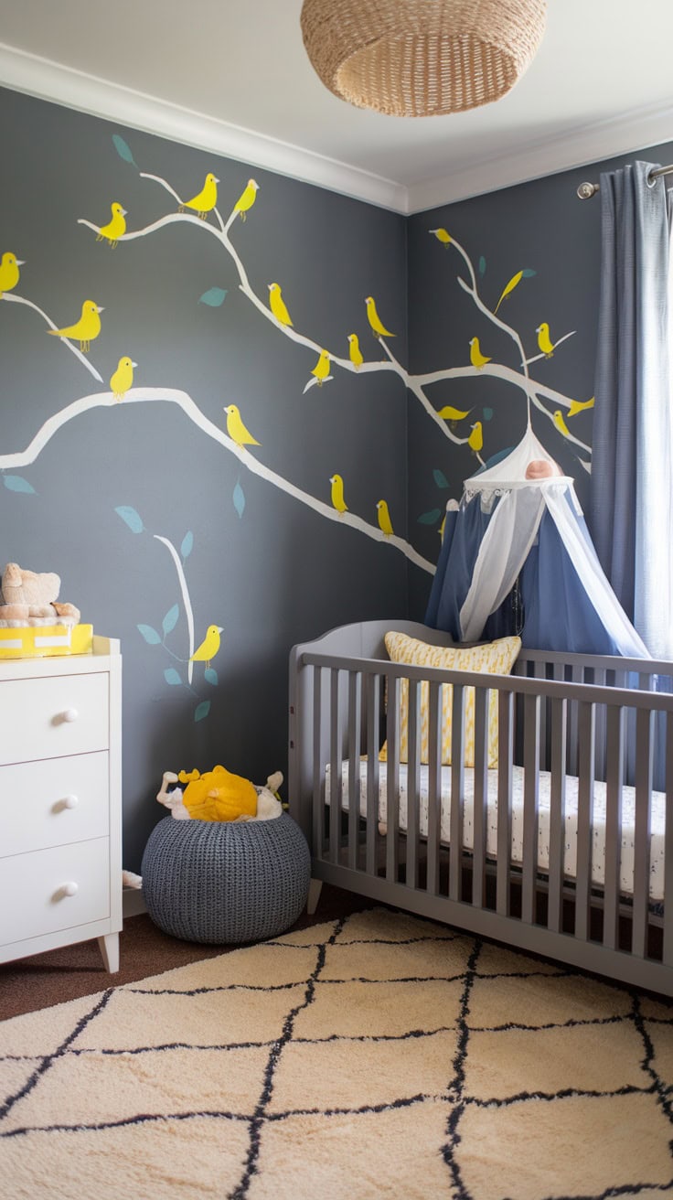 A children's room with gray walls with yellow bird motifs, a gray cot and soft decoration.