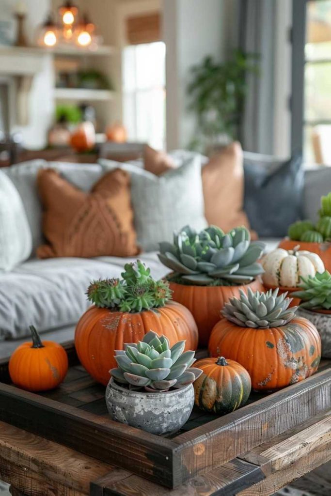 A living room scene featuring a wooden table with a centerpiece of pumpkins and succulents surrounded by neutral pillows on a couch.