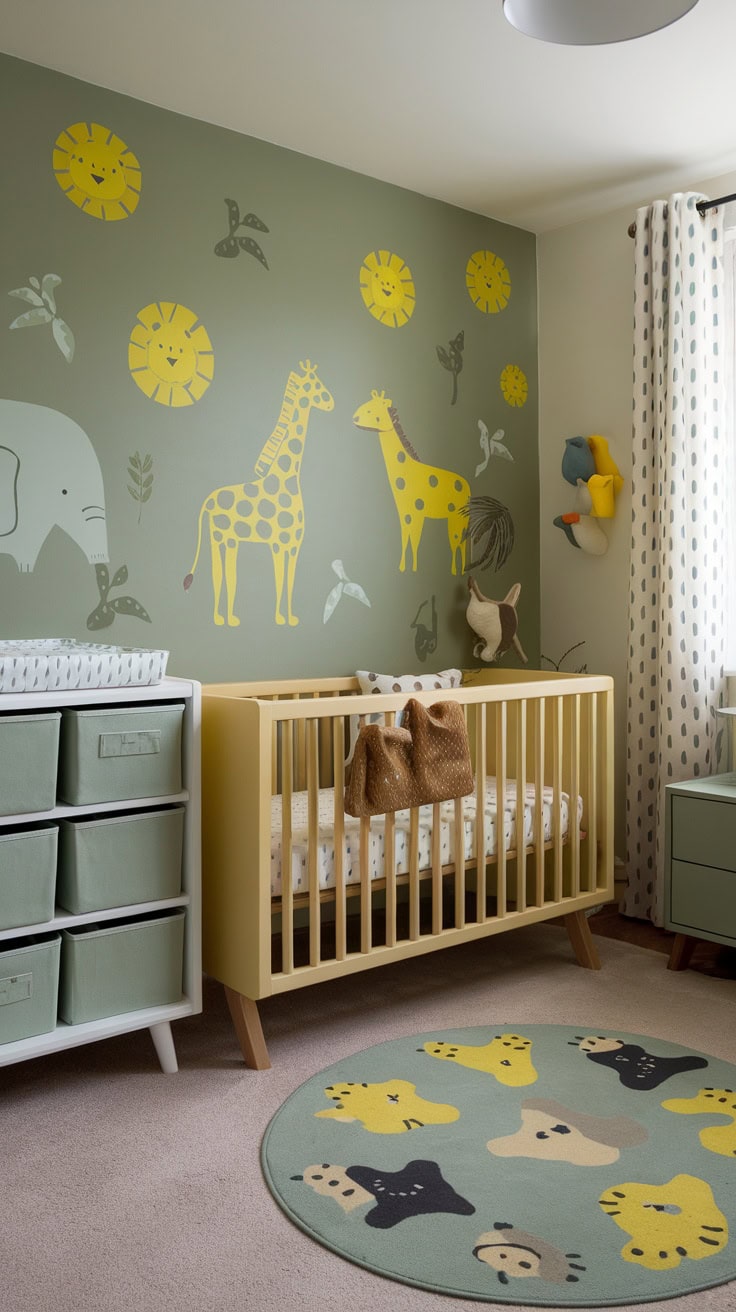 Sage green nursery with yellow animal wall art, crib and soft decor.