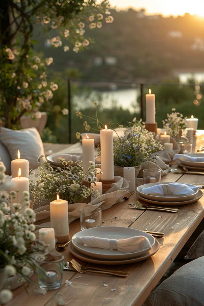 Outdoor table setting with delicate wildflower bouquets interspersed with candles on a natural wood table