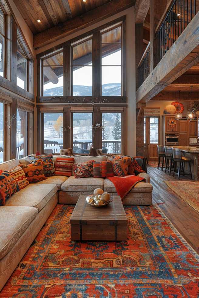 For a touch of living heritage, Navajo-inspired textiles are draped over a sleek, contemporary sofa, adding pops of color and intricate patterns that weave a rich tapestry of history and art into the space.