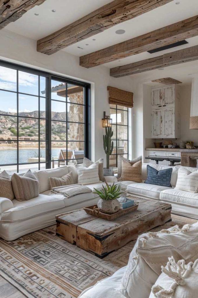 Rustic wooden beams on the ceiling create the feel of an indoor rodeo pavilion, with soft textiles helping to soften the harsh lines and provide modern comfort.