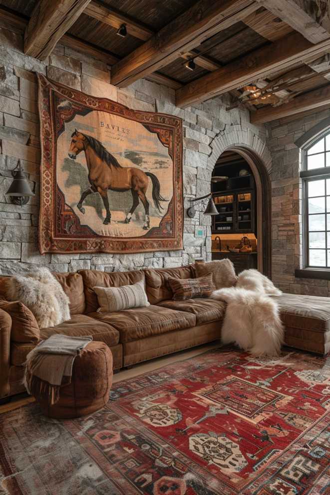 Traces of wild horse motifs can be found throughout the room, igniting the free-spirited heart of any true Western enthusiast.