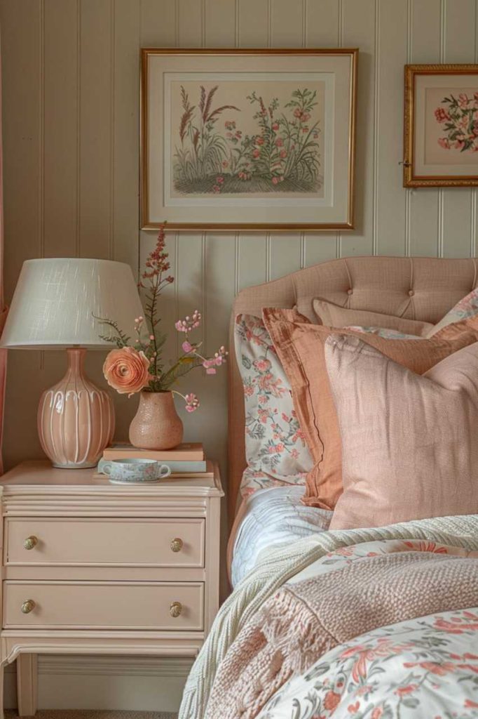 Soft pastel tones transform the side table into a calm and calming oasis, while a soft light casts a calm glow across the room. The table is decorated with a series of pastel-colored books, whose soothing hues create an aesthetically pleasing image.