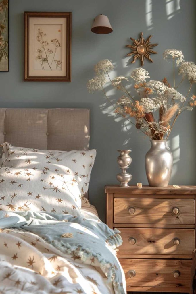 A fascinating sun-patterned wall decoration, an elegant silver candle holder and a silver vase add an ethereal glow to the arrangement.