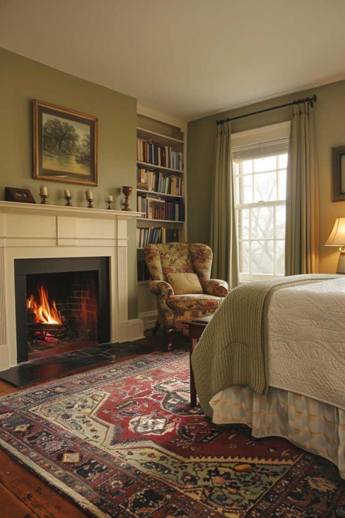 Create the perfect setting for a cozy evening by the fireplace in your bedroom with a classic reading chair flanked by a stack of books that invite you to the simple pleasure of a good read.