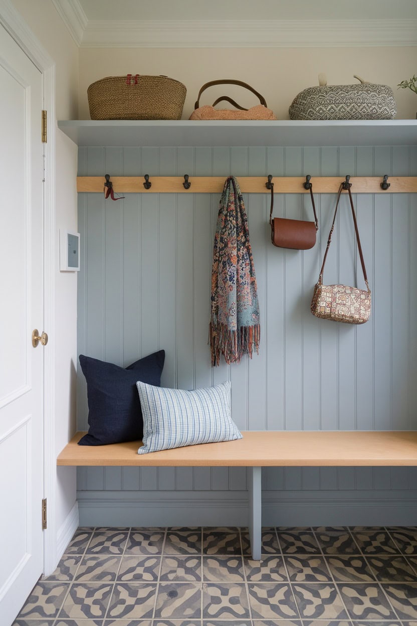 Scandinavian mud room with blue walls, patterned floor tiles and a wooden bench.