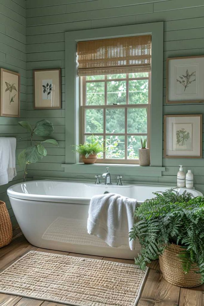 A calm oasis with a delicate mint pattern on the bathroom wall and clean, white bathroom accessories. The result is a quiet retreat in the bathroom.