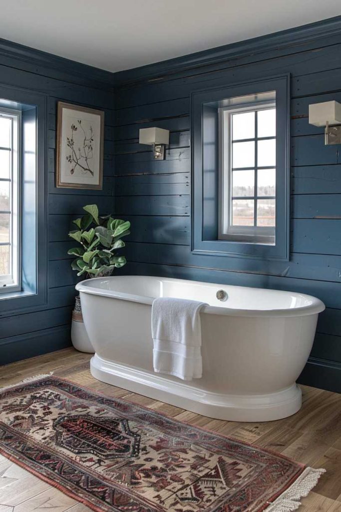 In this captivating bathroom design, the use of dark blue shiplap as a statement wall creates a striking visual focal point that exudes both boldness and sophistication.