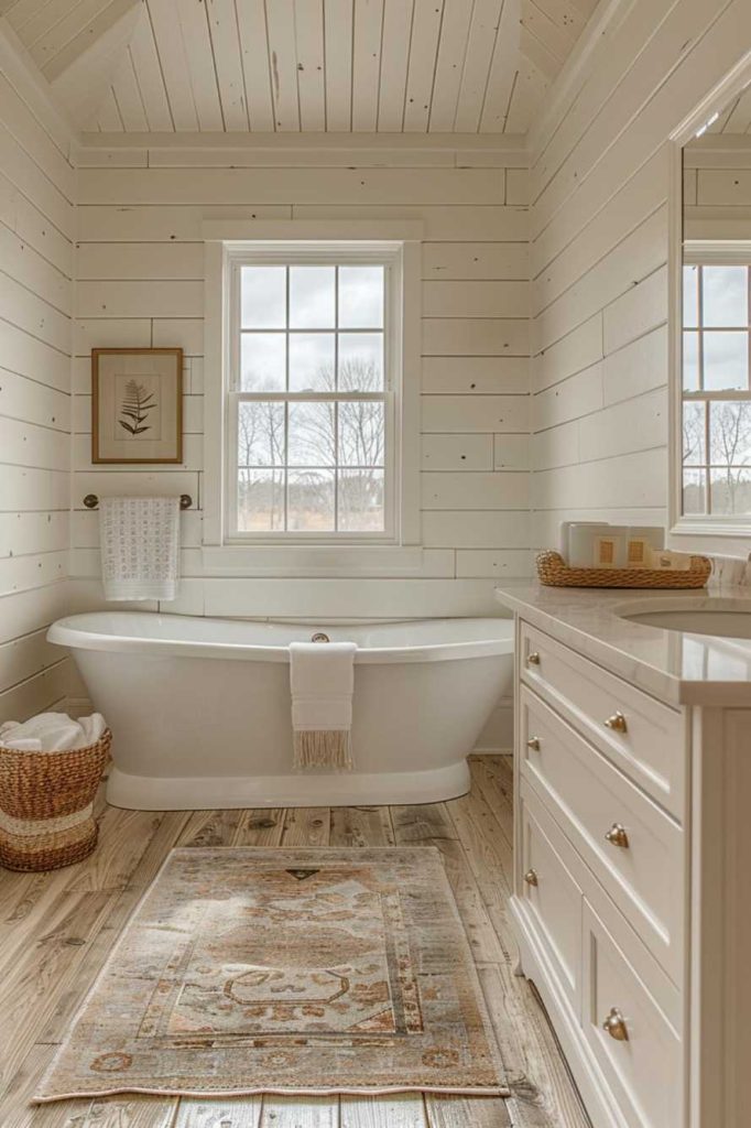The soft white stepped walls in this classic bathroom embody the enduring charm of traditional design and exude a timeless appeal that transcends fleeting trends.